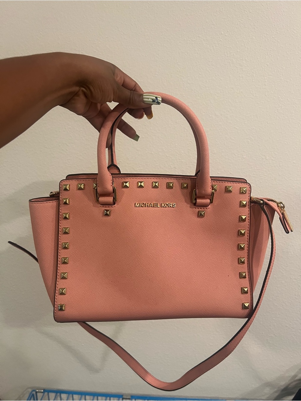 Michael Kors Coral Pink Studded Saffiano Satchel